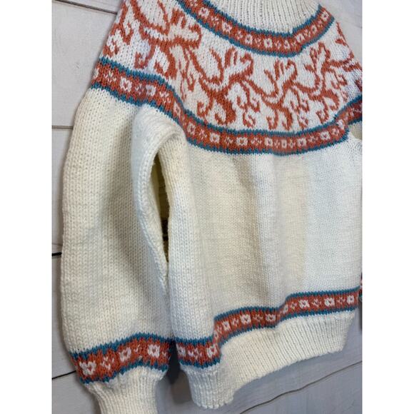 Vintage Ski Sweater Coral Teal White Wool Knit Cozy Winter High Neck Est LG - Picture 6 of 6